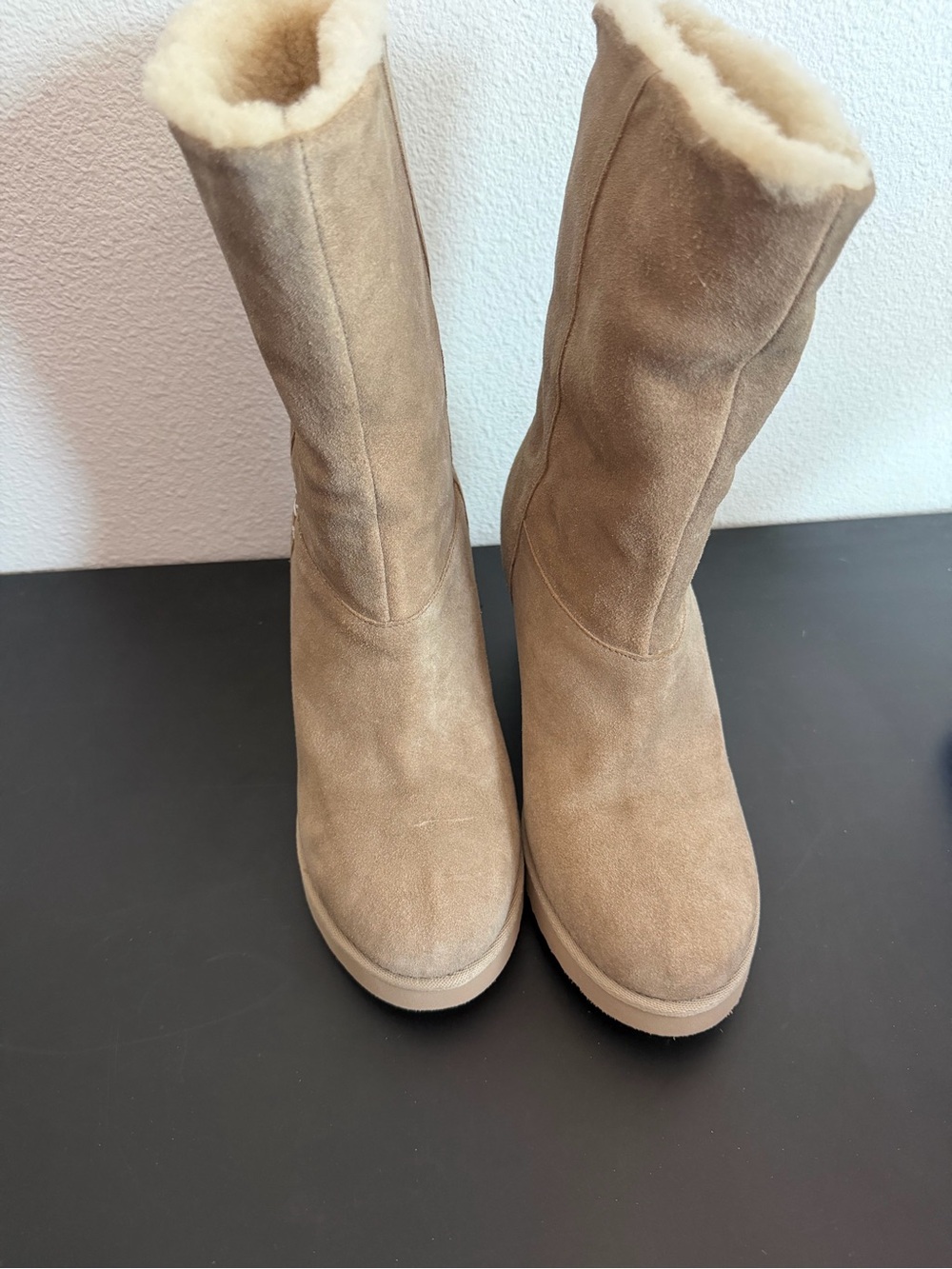 Koolaburra Tan Suede Shearling-Lined Mid-Calf Boots